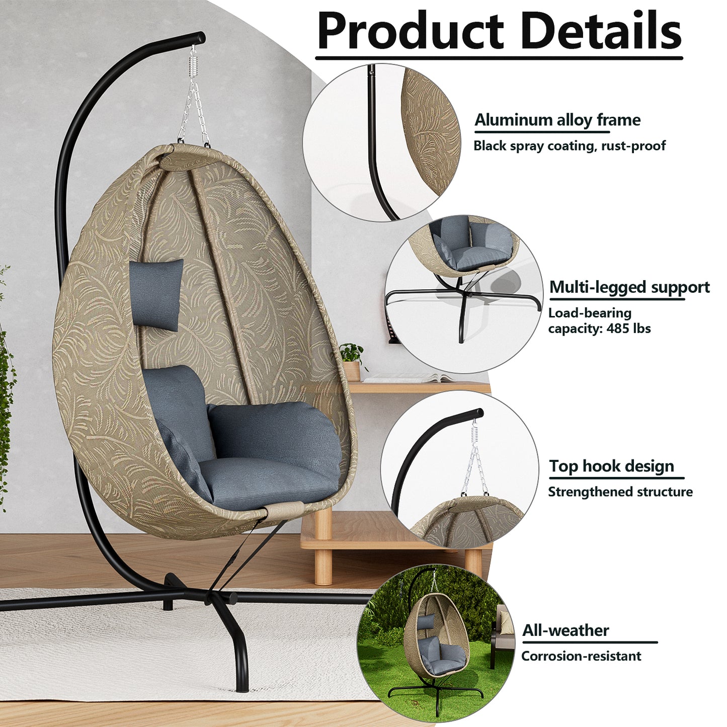 ALAULM Foldable Egg Chair with Stand, 485LBS Capacity Textilene Hammock Swing Chair for Outdoor & Indoor, Patio Hanging Chair with Strong Frame & UV Resistant Cushion for Balcony, Bedroom, Cream/D1