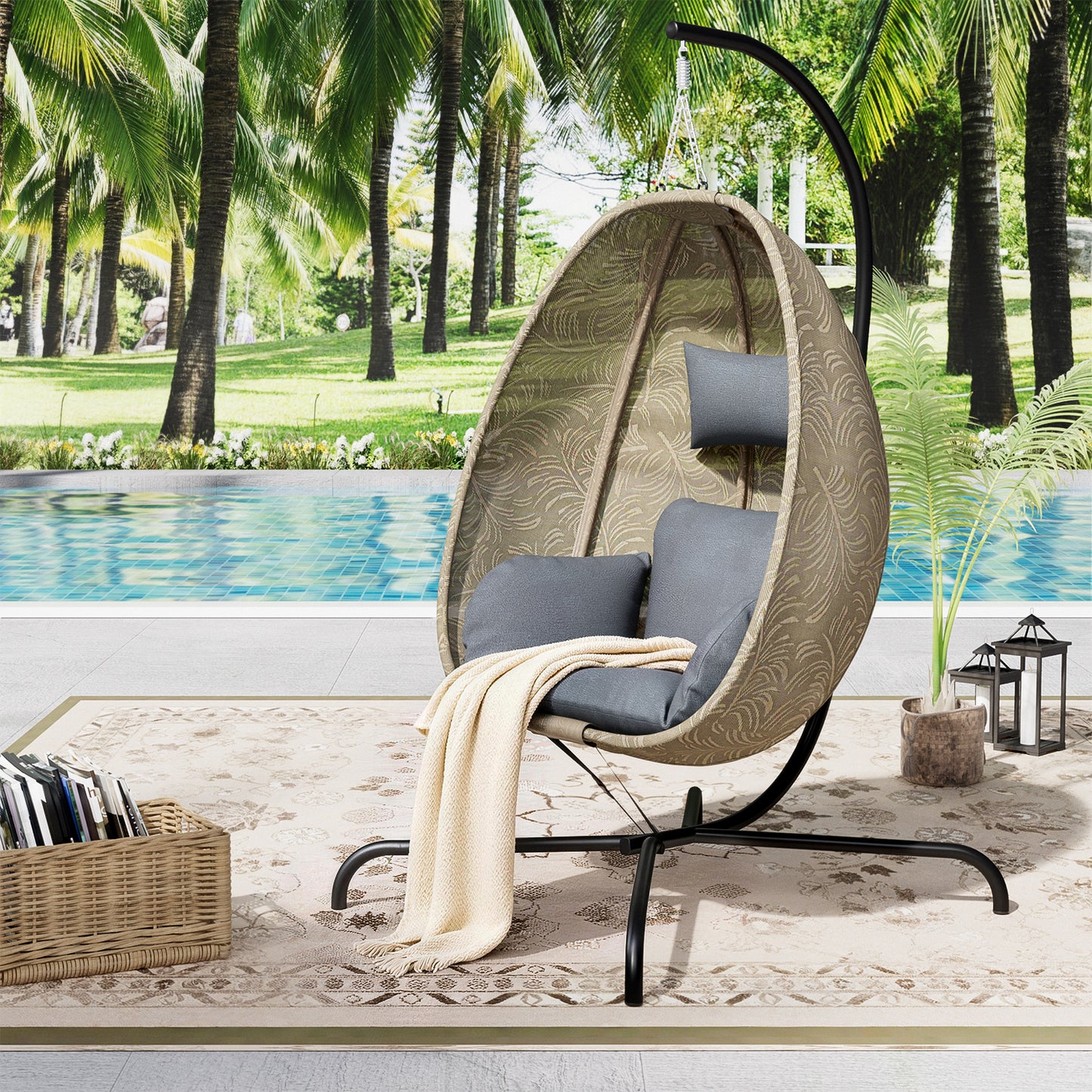 ALAULM Foldable Egg Chair with Stand, 485LBS Capacity Textilene Hammock Swing Chair for Outdoor & Indoor, Patio Hanging Chair with Strong Frame & UV Resistant Cushion for Balcony, Bedroom, Cream/D1