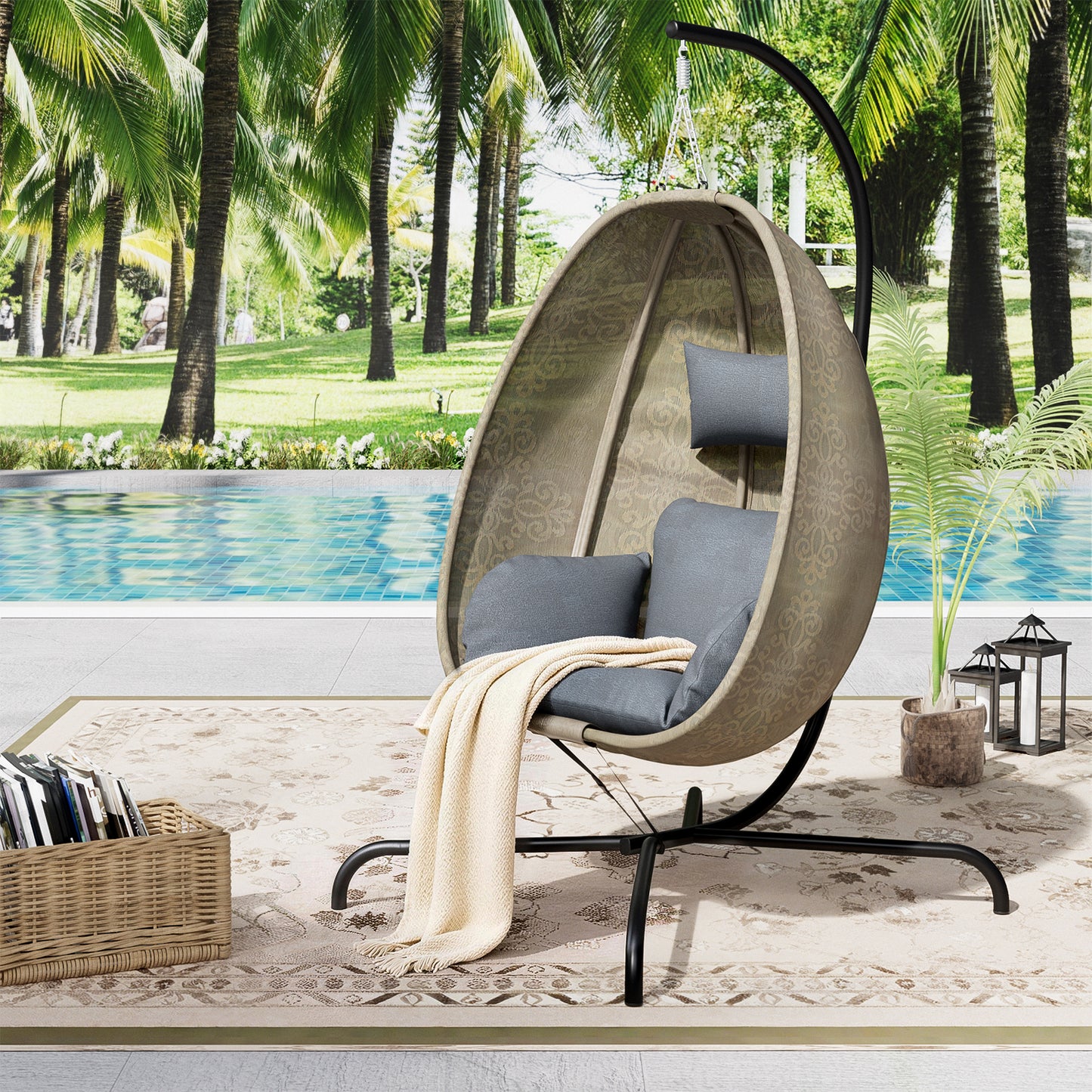 ALAULM Foldable Egg Chair with Stand, 485LBS Capacity Textilene Hammock Swing Chair for Outdoor & Indoor, Patio Hanging Chair with Strong Frame & UV Resistant Cushion for Balcony, Bedroom, Cream/D1