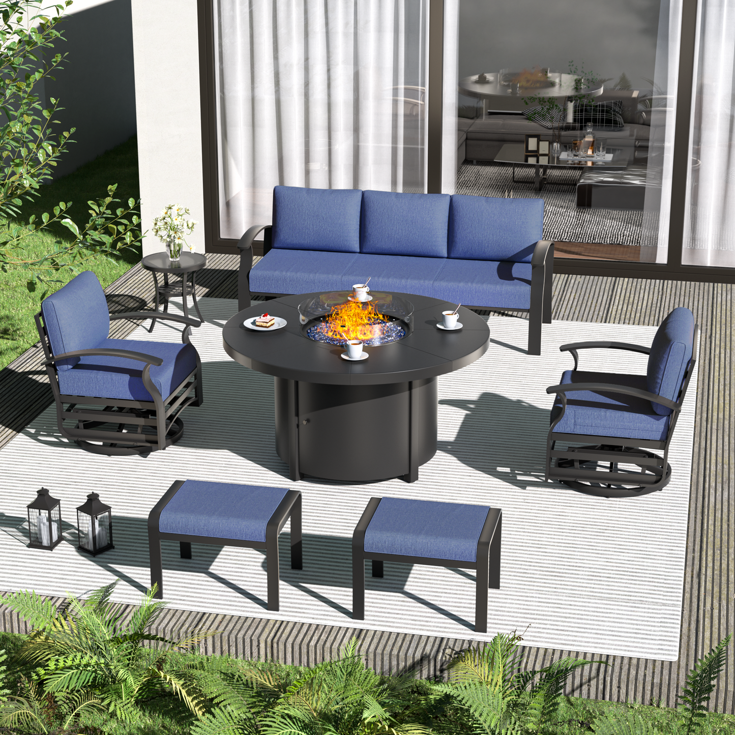 ALAULM Aluminium Patio Furniture Set with Swivel Chairs, 7-Seater Metal Outdoor Furniture Patio Sectional Sofas Patio Conversation Set with 2 Ottomans For Patio, Backyard, Poolside