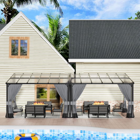 ASJMR Wall Mounted Gazebo with Polycarbonate Roof,Metal Frame Lean to Gazebo With Double Curtains for Garden Lawn Backyard Deck