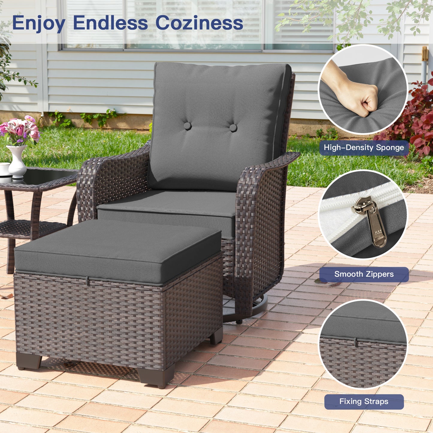 ALAULM 5 Pieces Patio Furniture Set with 4" Thick Cushions, 2 High Back Outdoor Swivel Rocker Chairs with 2 Ottoman & Side Table, 5-Piece All Weather Chairs Set for Porch Deck Pool Yard