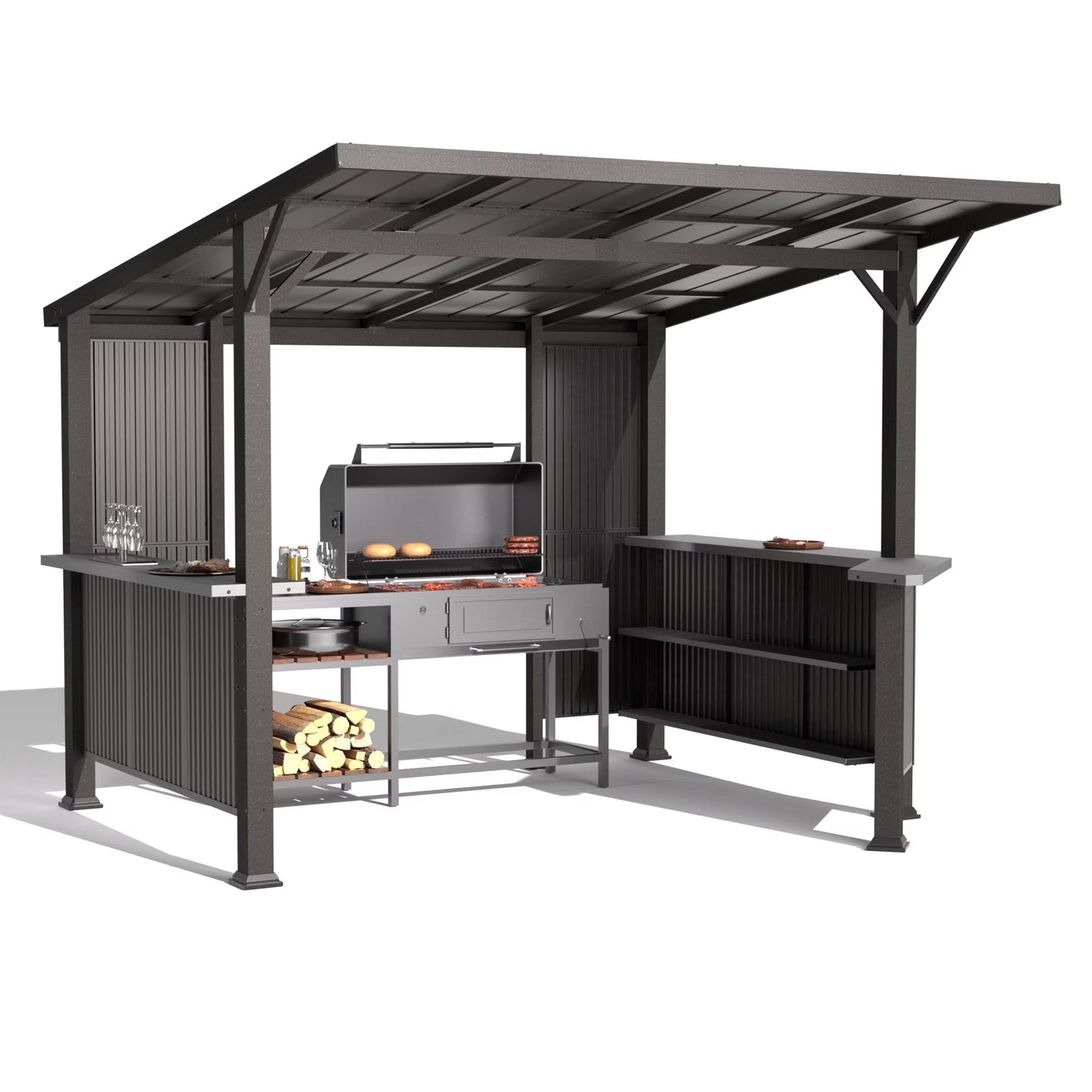 Gotland 10x10 FT Hardtop BBQ Gazebo with Iron Slanted Roof, Side Shelves & Extended Countertop, Durable Grill Shelter for Patios, Decks, and Backyard Cooking - Metallic Gray