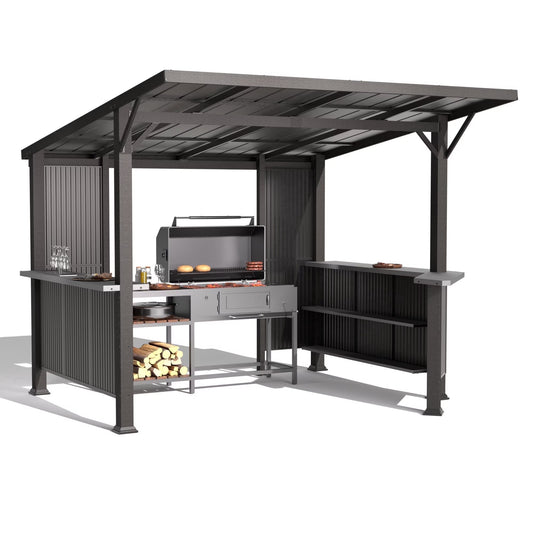 Gotland 10x10 FT Hardtop BBQ Gazebo with Iron Slanted Roof, Side Shelves & Extended Countertop, Durable Grill Shelter for Patios, Decks, and Backyard Cooking - Metallic Gray