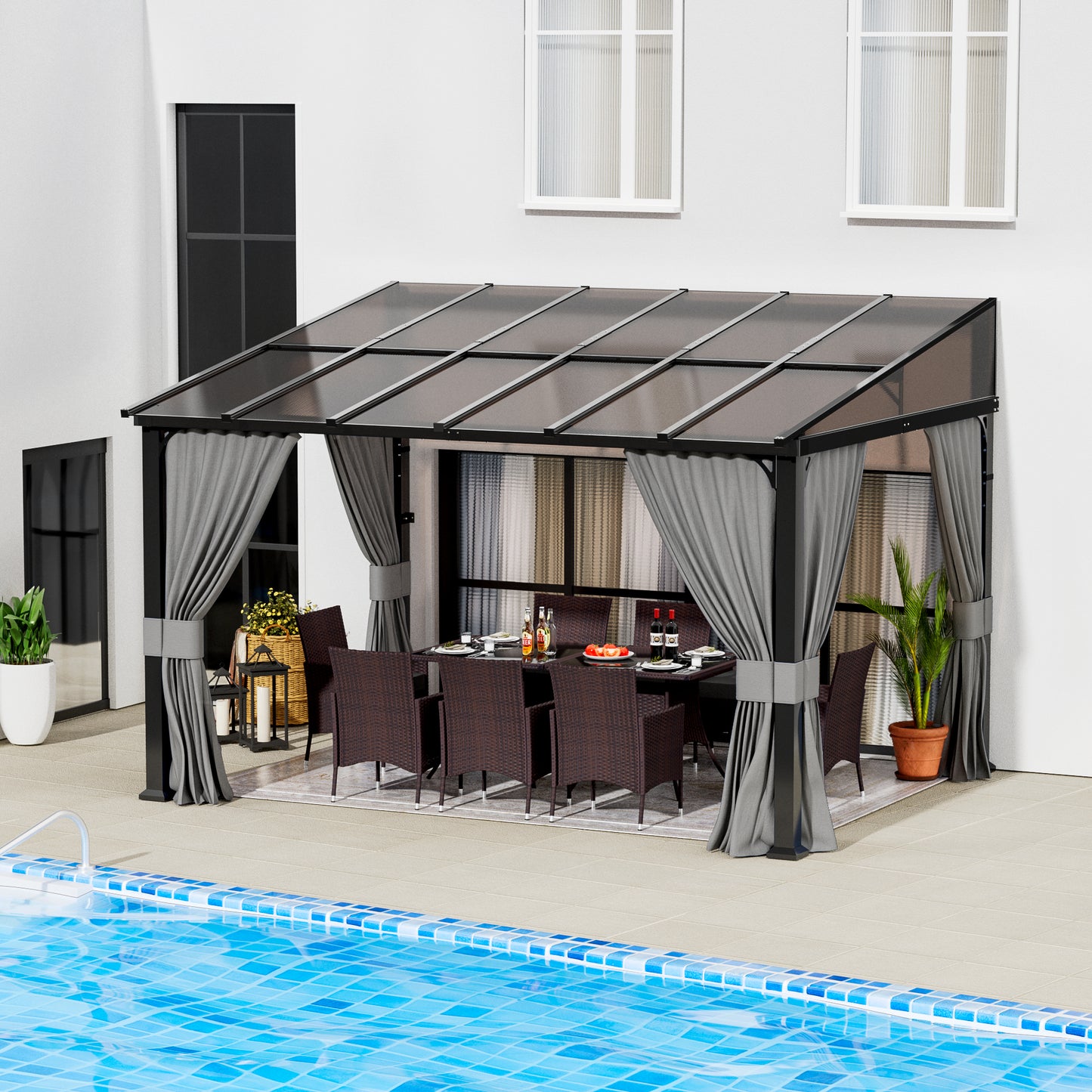 ASJMR Wall Mounted Gazebo with Polycarbonate Roof,Metal Frame Lean to Gazebo With Double Curtains for Garden Lawn Backyard Deck