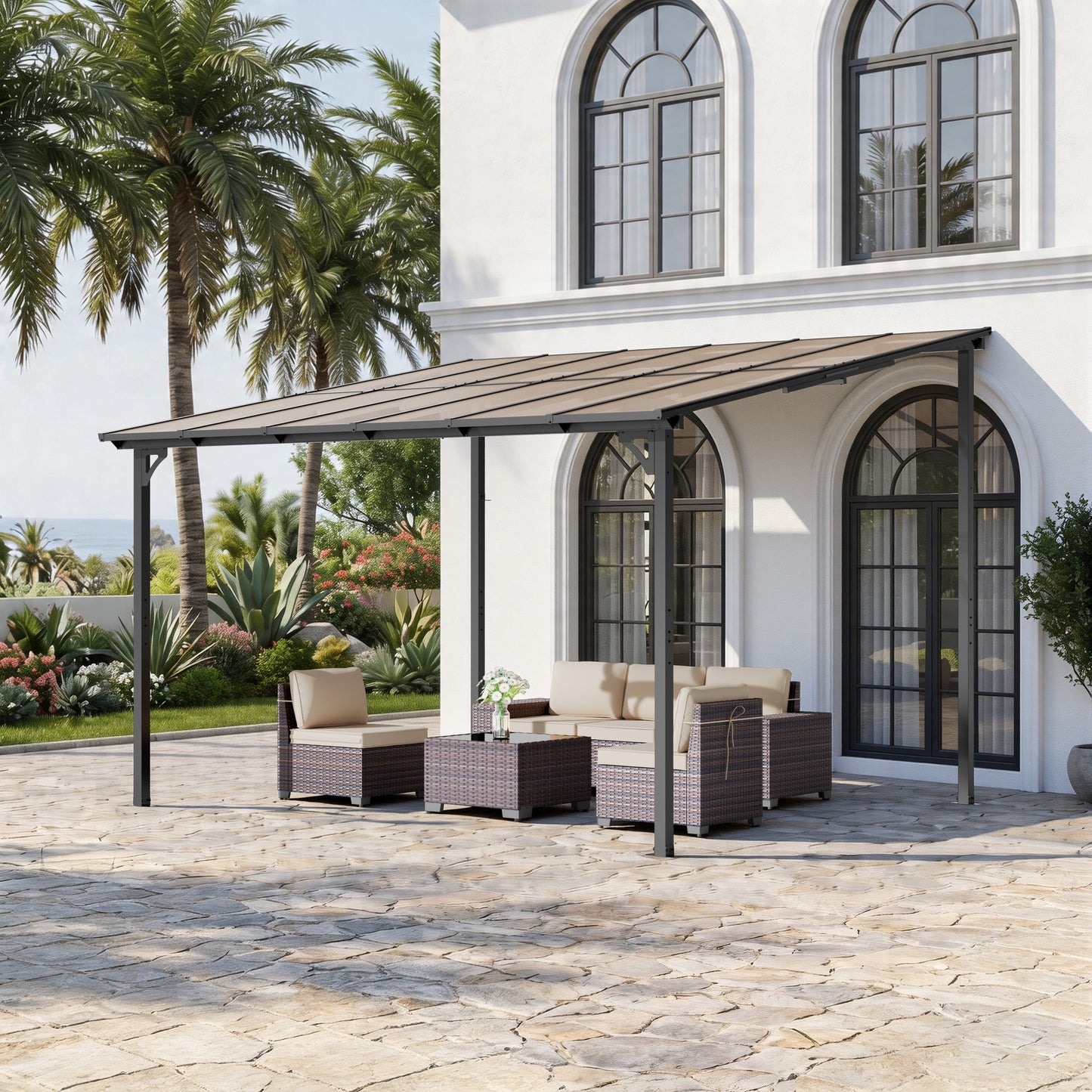 ASJMR Wall Mounted Gazebo with Polycarbonate Roof,Metal Frame Lean to Gazebo With Double Curtains for Garden Lawn Backyard Deck
