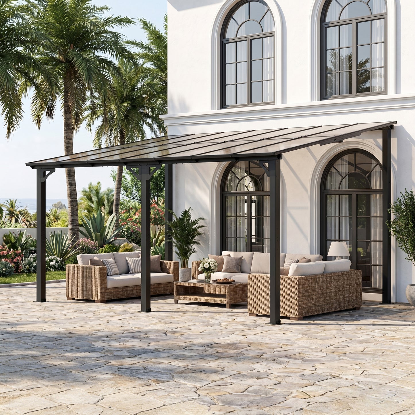 ASJMR Wall Mounted Gazebo with Polycarbonate Roof,Metal Frame Lean to Gazebo With Double Curtains for Garden Lawn Backyard Deck