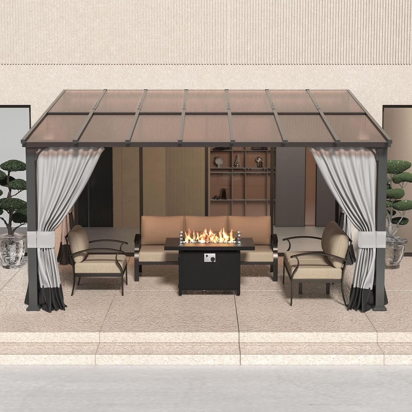 ALAULM 10'x 14' Outdoor Hardtop Gazebo,Wall Mounted Lean to Gazebo with Curtains and Netting,Galvanized Metal Frame,Sunshade for Patio, Backyard, Deck and Lawns (Dark Blue)