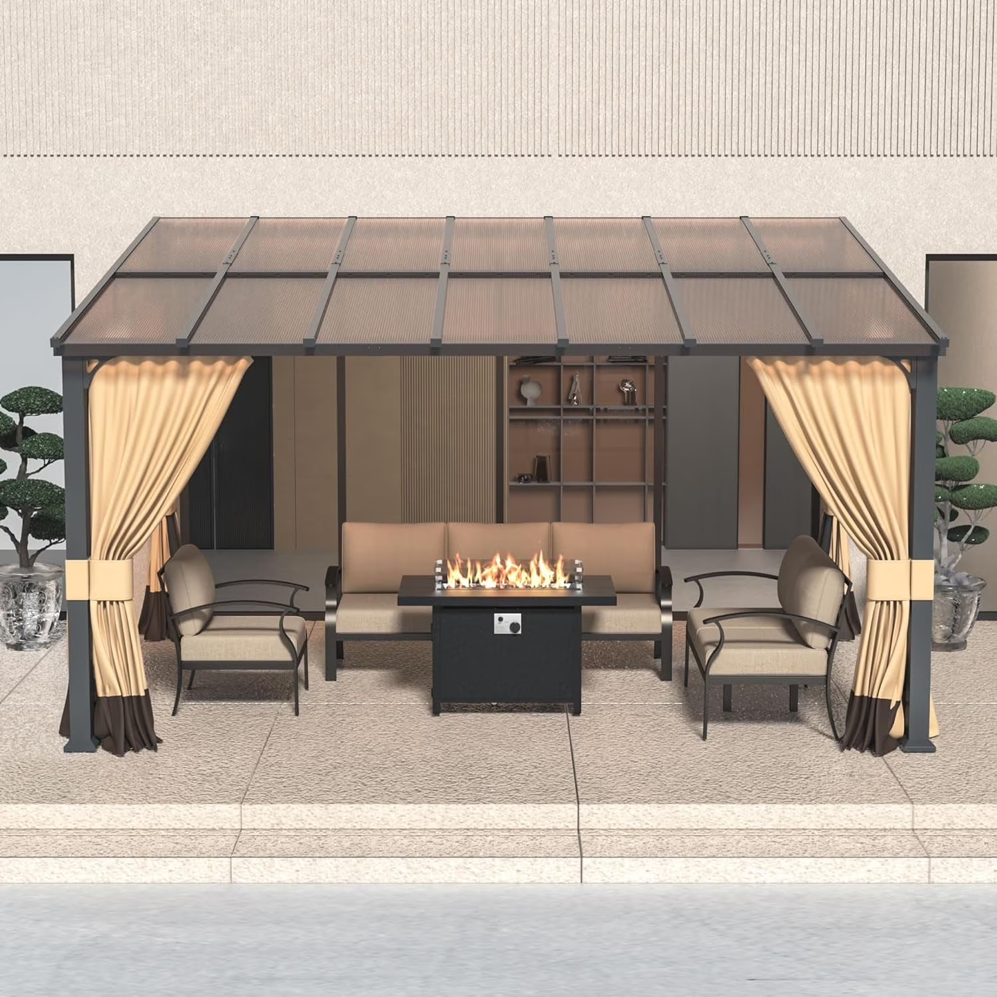 ALAULM 10'x 14' Outdoor Hardtop Gazebo,Wall Mounted Lean to Gazebo with Curtains and Netting,Galvanized Metal Frame,Sunshade for Patio, Backyard, Deck and Lawns (Dark Blue)