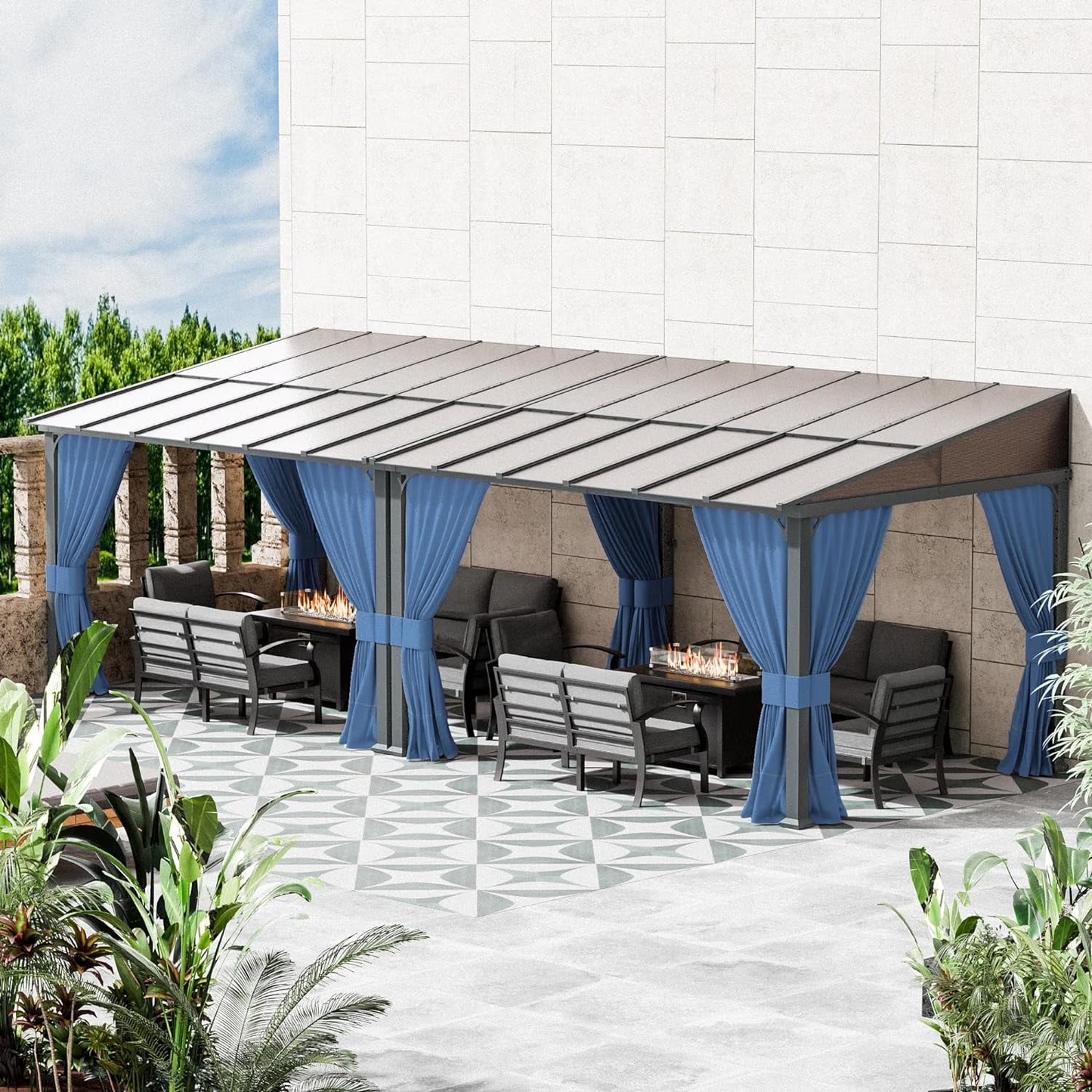 ALAULM 10'x 12' Outdoor Hardtop Gazebo,Wall Mounted Lean to Gazebo with Curtains and Netting,Galvanized Metal Frame,Sunshade for Patio, Backyard, Deck and Lawns (Dark Blue)