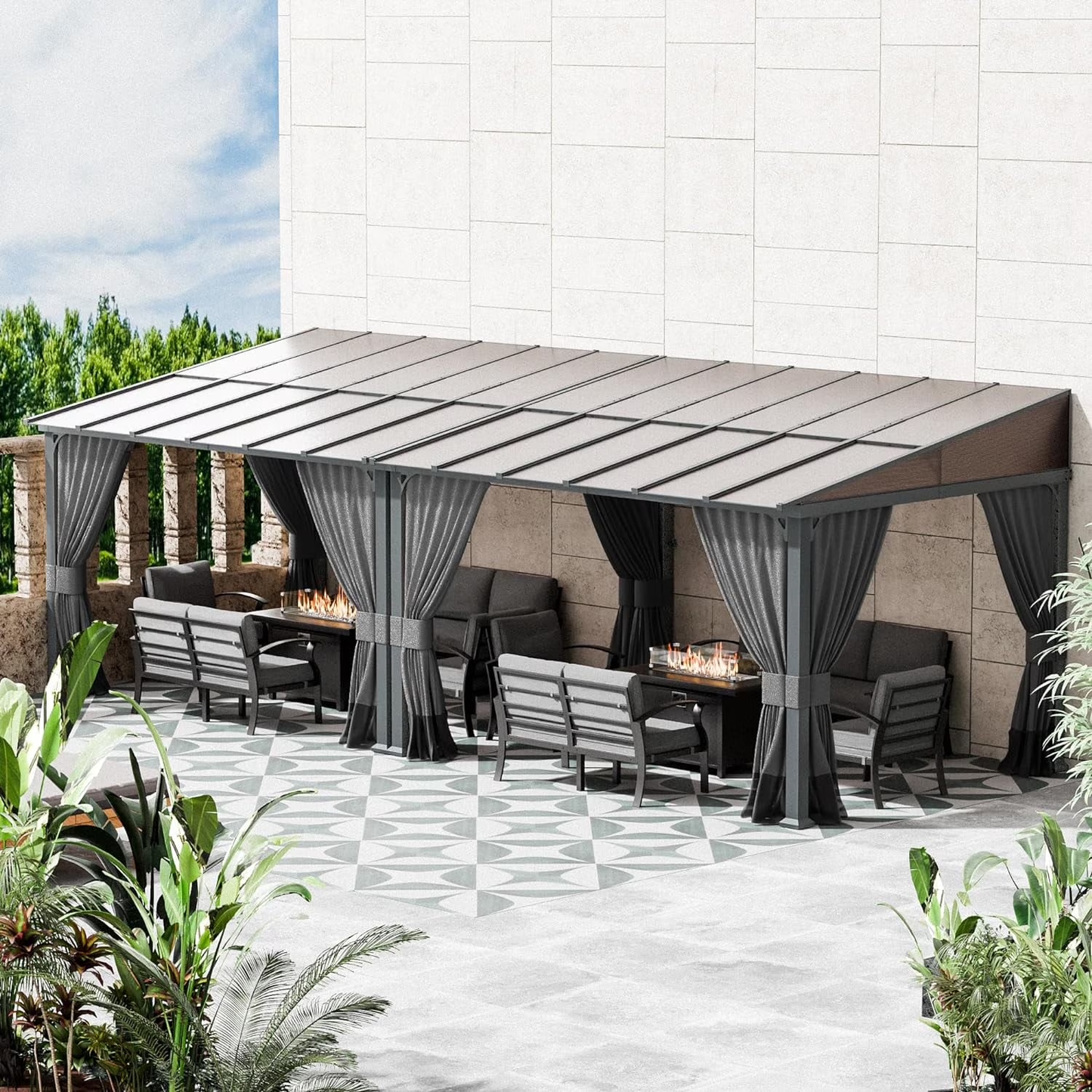 ALAULM 10'x 12' Outdoor Hardtop Gazebo,Wall Mounted Lean to Gazebo with Curtains and Netting,Galvanized Metal Frame,Sunshade for Patio, Backyard, Deck and Lawns (Dark Blue)