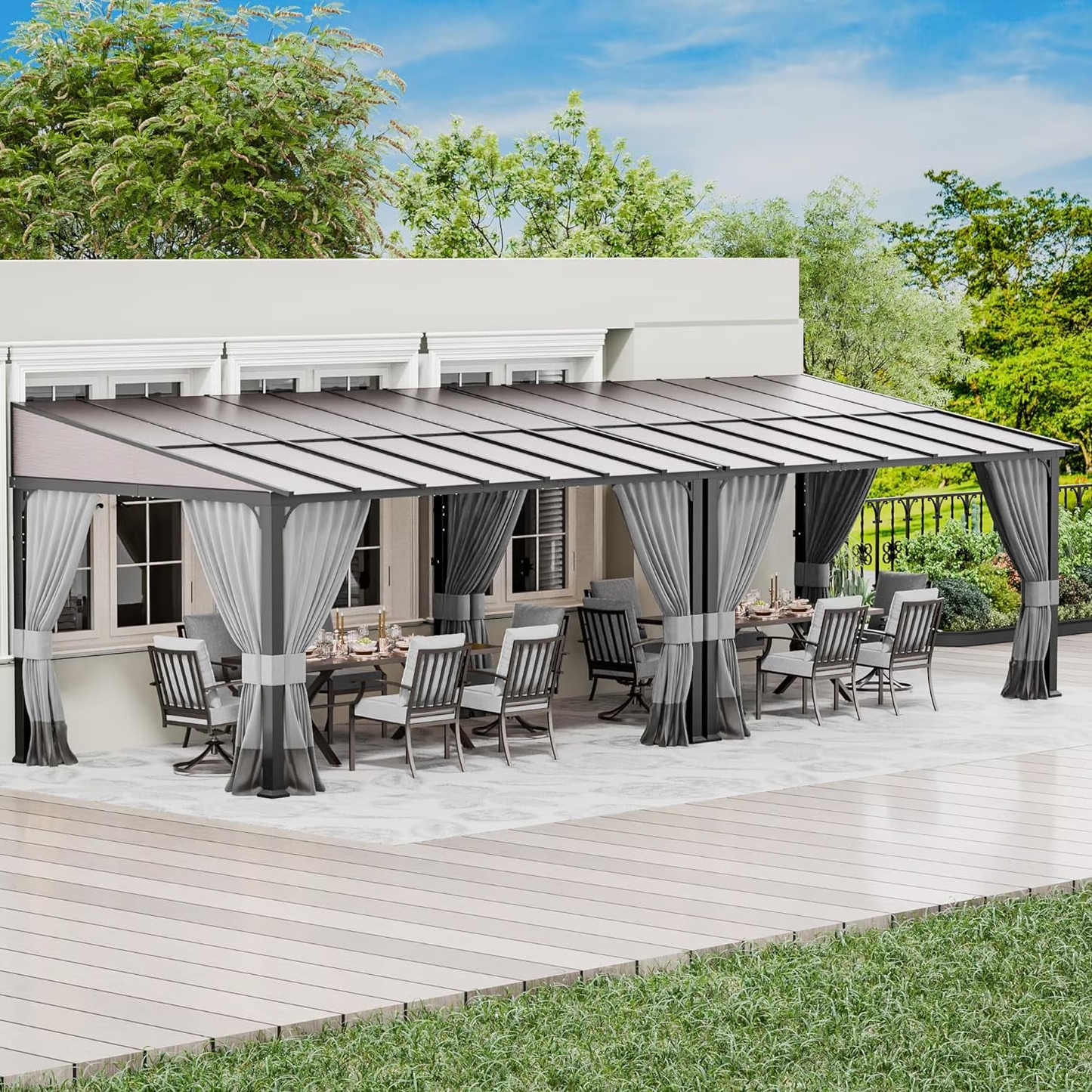 ALAULM 10'x 14' Outdoor Hardtop Gazebo,Wall Mounted Lean to Gazebo with Curtains and Netting,Galvanized Metal Frame,Sunshade for Patio, Backyard, Deck and Lawns (Dark Blue)