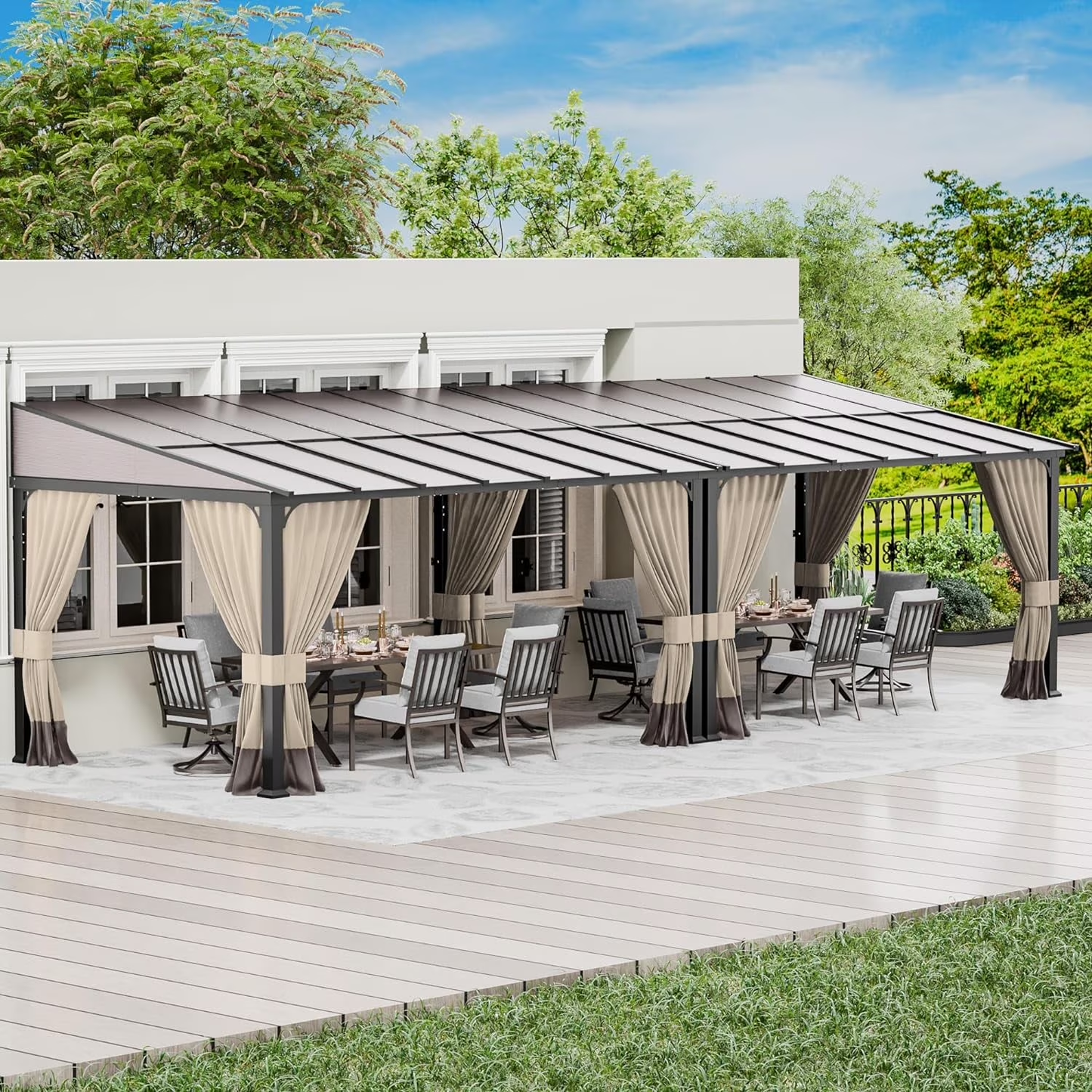 ALAULM 10'x 14' Outdoor Hardtop Gazebo,Wall Mounted Lean to Gazebo with Curtains and Netting,Galvanized Metal Frame,Sunshade for Patio, Backyard, Deck and Lawns (Dark Blue)