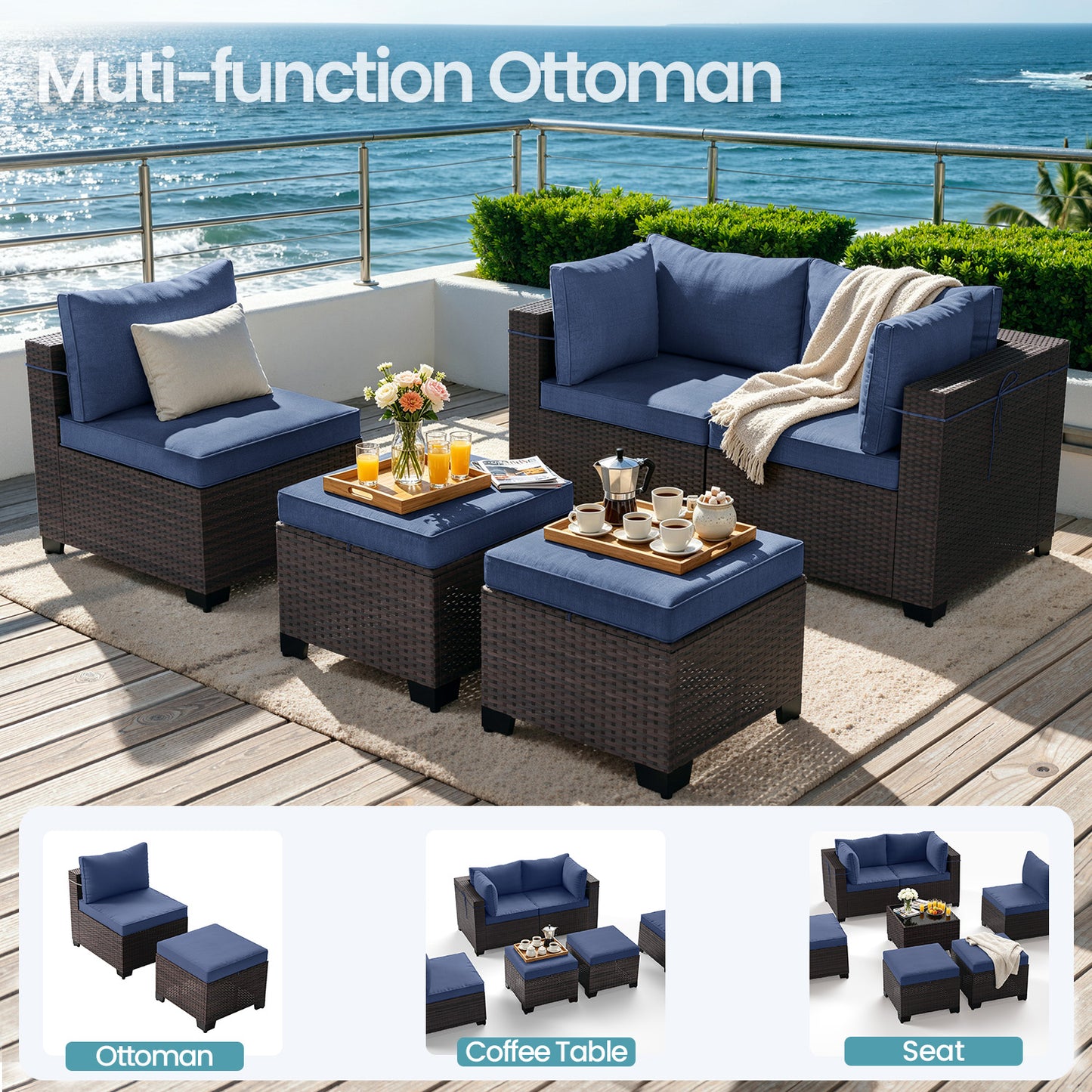 ALAULM 9PCS Outdoor Conversation Set, Thick Backrest Patio PE Rattan Wicker Sectional Sofas with Ottoman for Backyard, Porch, Sand