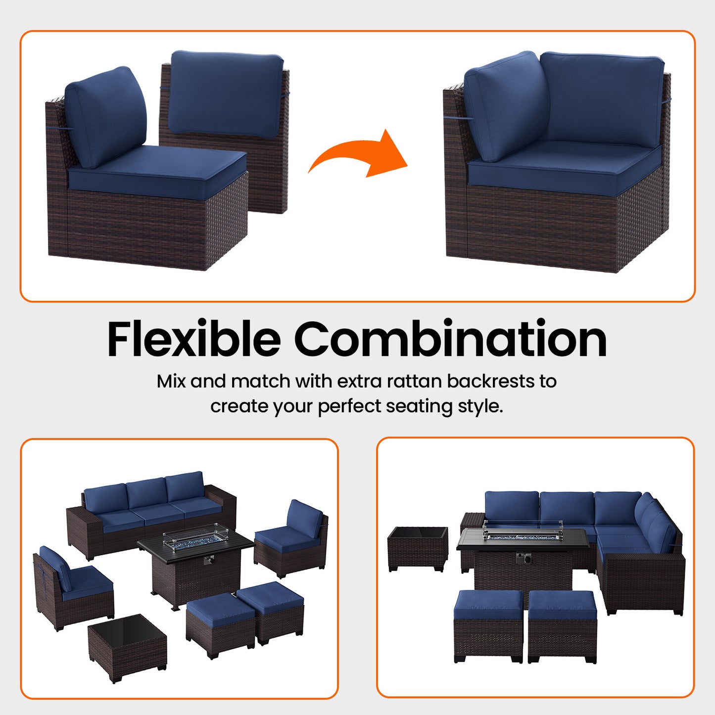 ALAULM 8PCS Outdoor Conversation Set, Wide Armrest Patio PE Rattan Wicker Sectional Sofas with Ottoman for Backyard, Porch, Sand