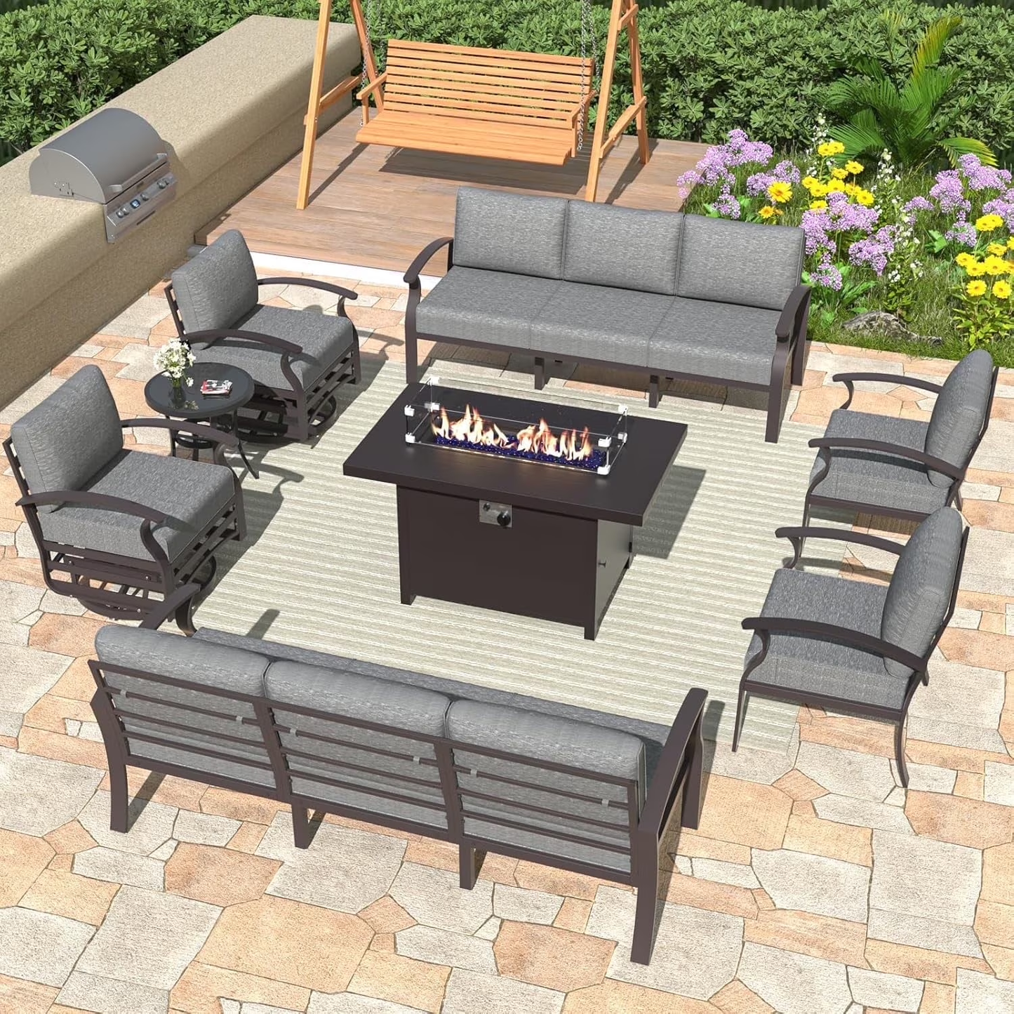 ALAULM Aluminum Patio Furniture Set with Propane Fire Pit Table 10-seat Metal Outdoor Furniture w/Fire Pit Patio Sectional w/5.1" Cushions for Patio, Backyard, Poolside-Black