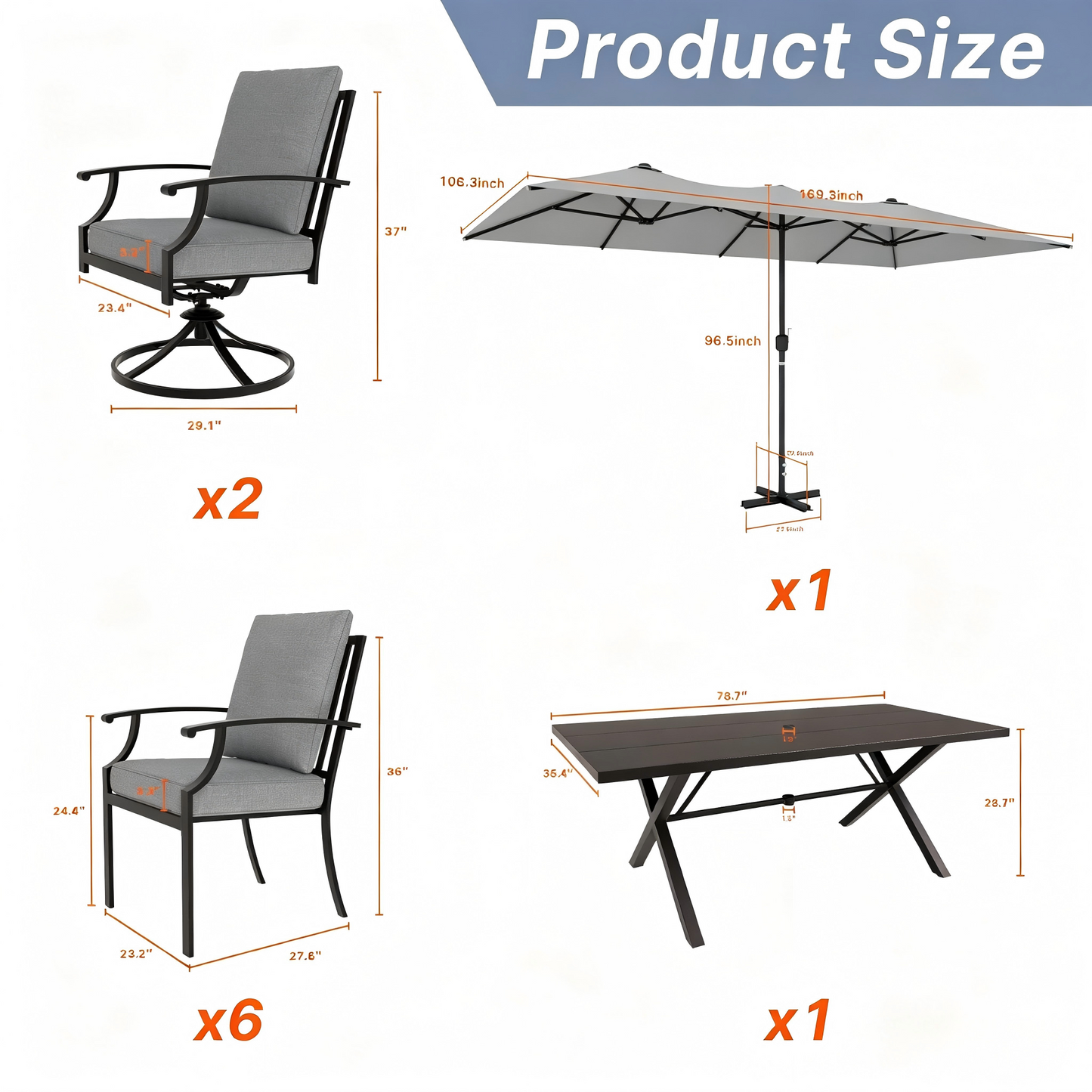 Gotland 10PCS Outdoor Patio Dining Set with 13.6ft Double-Sided Patio Umbrella, Patio Table and Chairs Metal Outdoor Patio Furniture Set, Dining Table Set with 8 Swivel Chairs