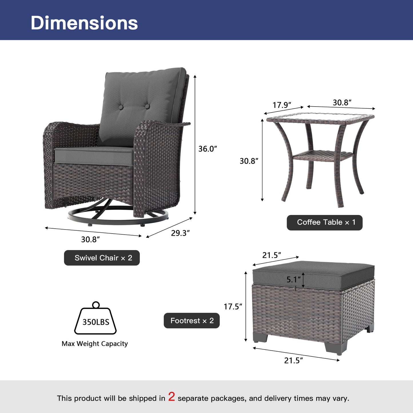 ALAULM 5 Pieces Patio Furniture Set with 4" Thick Cushions, 2 High Back Outdoor Swivel Rocker Chairs with 2 Ottoman & Side Table, 5-Piece All Weather Chairs Set for Porch Deck Pool Yard