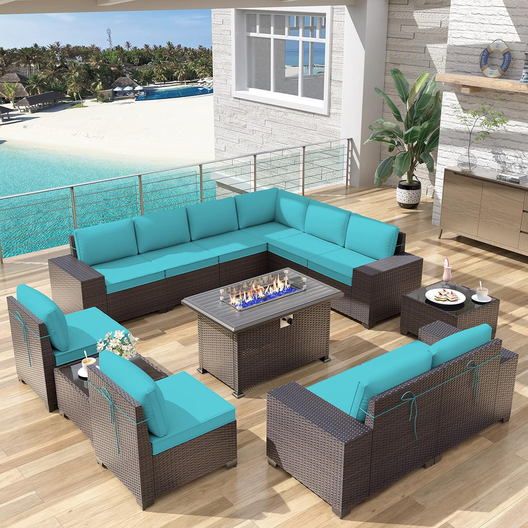 13-Piece Outdoor Wicker Conversation Set in Turquoise Cushion with Fire Pit Table