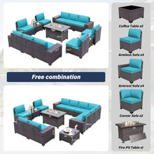 Load image into Gallery viewer, 13-Piece Outdoor Wicker Conversation Set in Turquoise Cushion with Fire Pit Table
