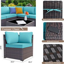 Load image into Gallery viewer, 13-Piece Outdoor Wicker Conversation Set in Turquoise Cushion with Fire Pit Table
