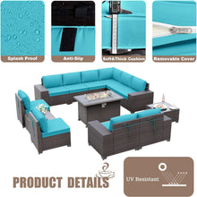 Load image into Gallery viewer, 13-Piece Outdoor Wicker Conversation Set in Turquoise Cushion with Fire Pit Table
