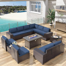 Load image into Gallery viewer, 13-Piece Outdoor Wicker Conversation Set in Navy Cushion with Fire Pit Table
