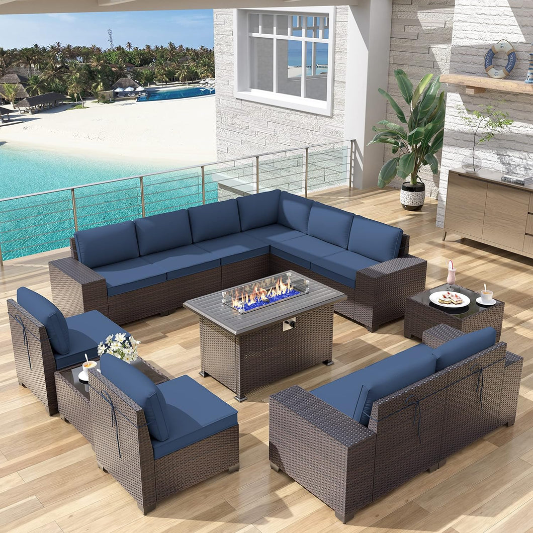 13-Piece Outdoor Wicker Conversation Set in Navy Cushion with Fire Pit Table