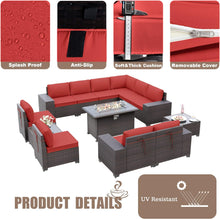 Load image into Gallery viewer, 13-Piece Outdoor Wicker Conversation Set in Red Cushion with Fire Pit Table
