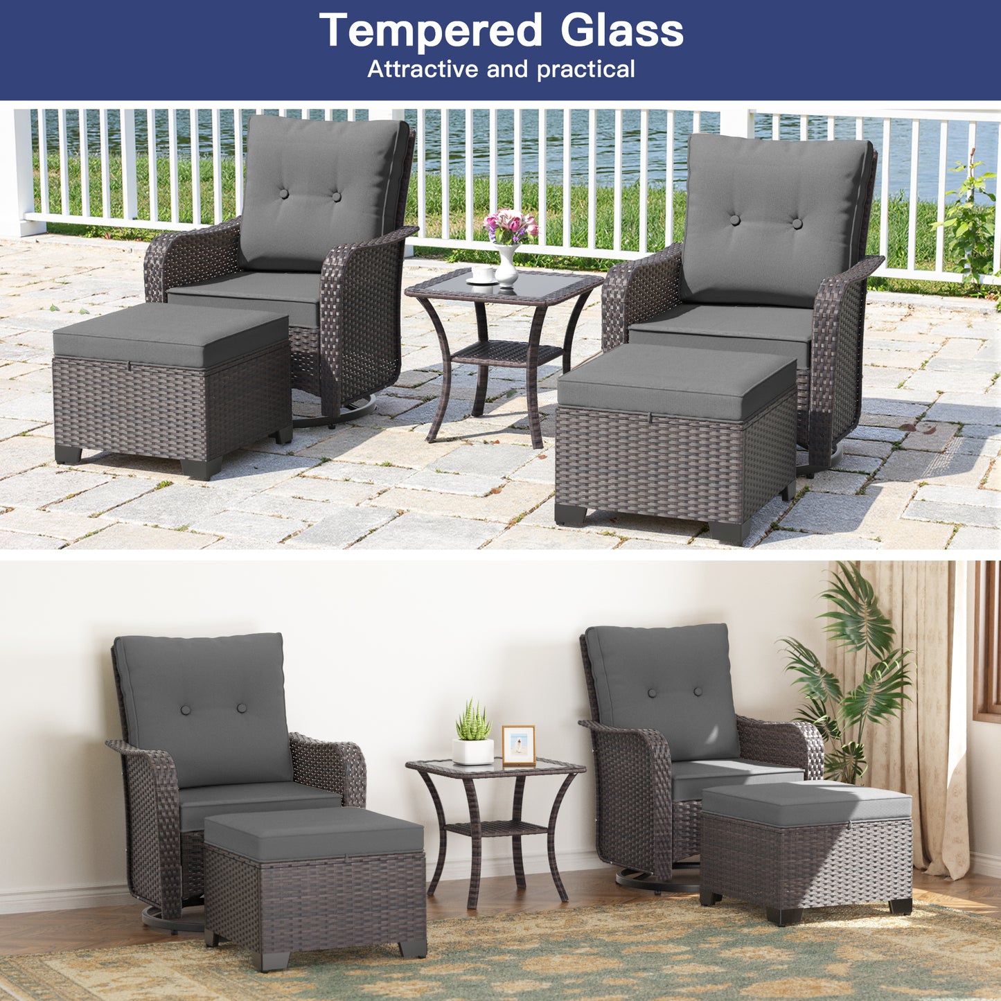 ALAULM 5 Pieces Patio Furniture Set with 4" Thick Cushions, 2 High Back Outdoor Swivel Rocker Chairs with 2 Ottoman & Side Table, 5-Piece All Weather Chairs Set for Porch Deck Pool Yard