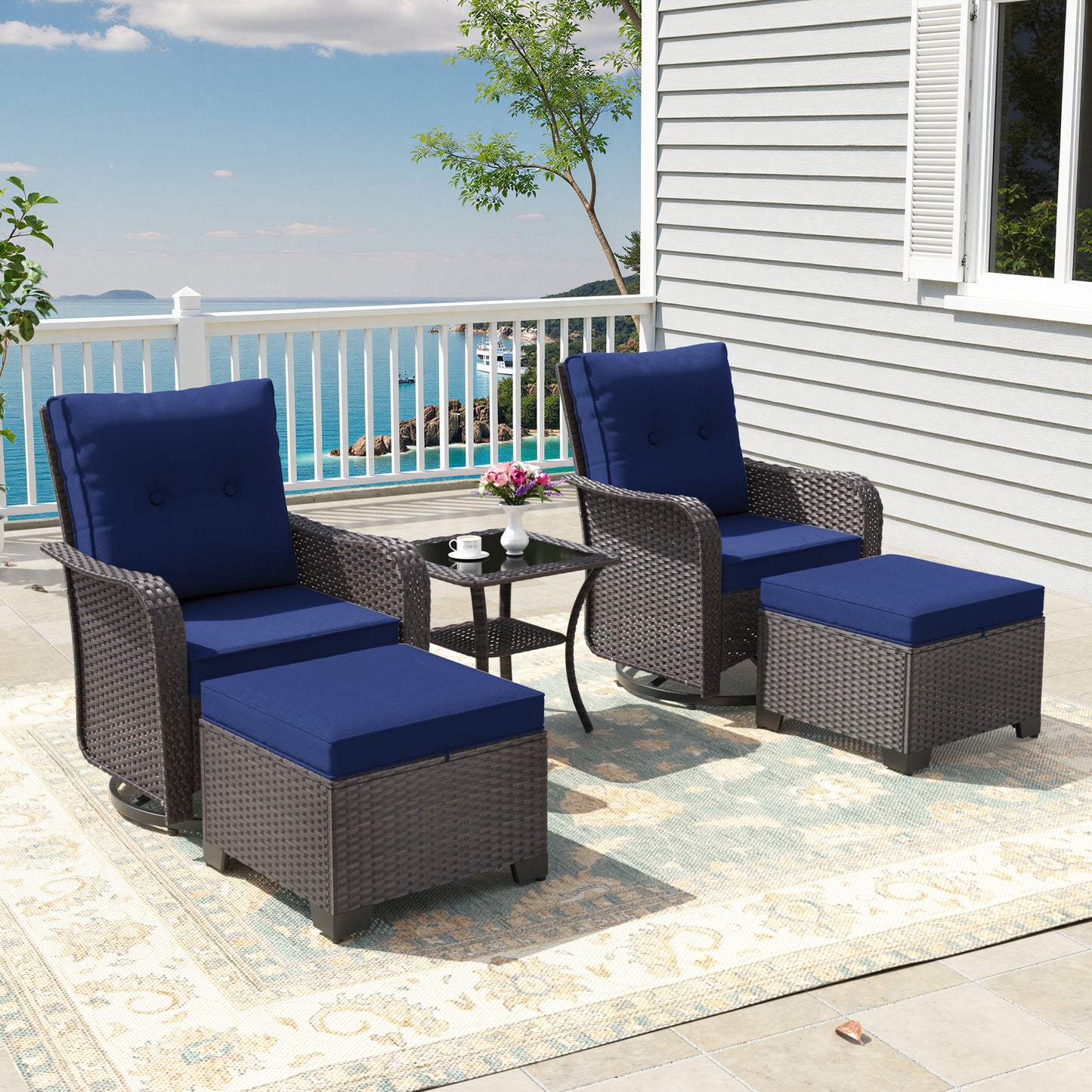 ALAULM 5 Pieces Patio Furniture Set with 4" Thick Cushions, 2 High Back Outdoor Swivel Rocker Chairs with 2 Ottoman & Side Table, 5-Piece All Weather Chairs Set for Porch Deck Pool Yard