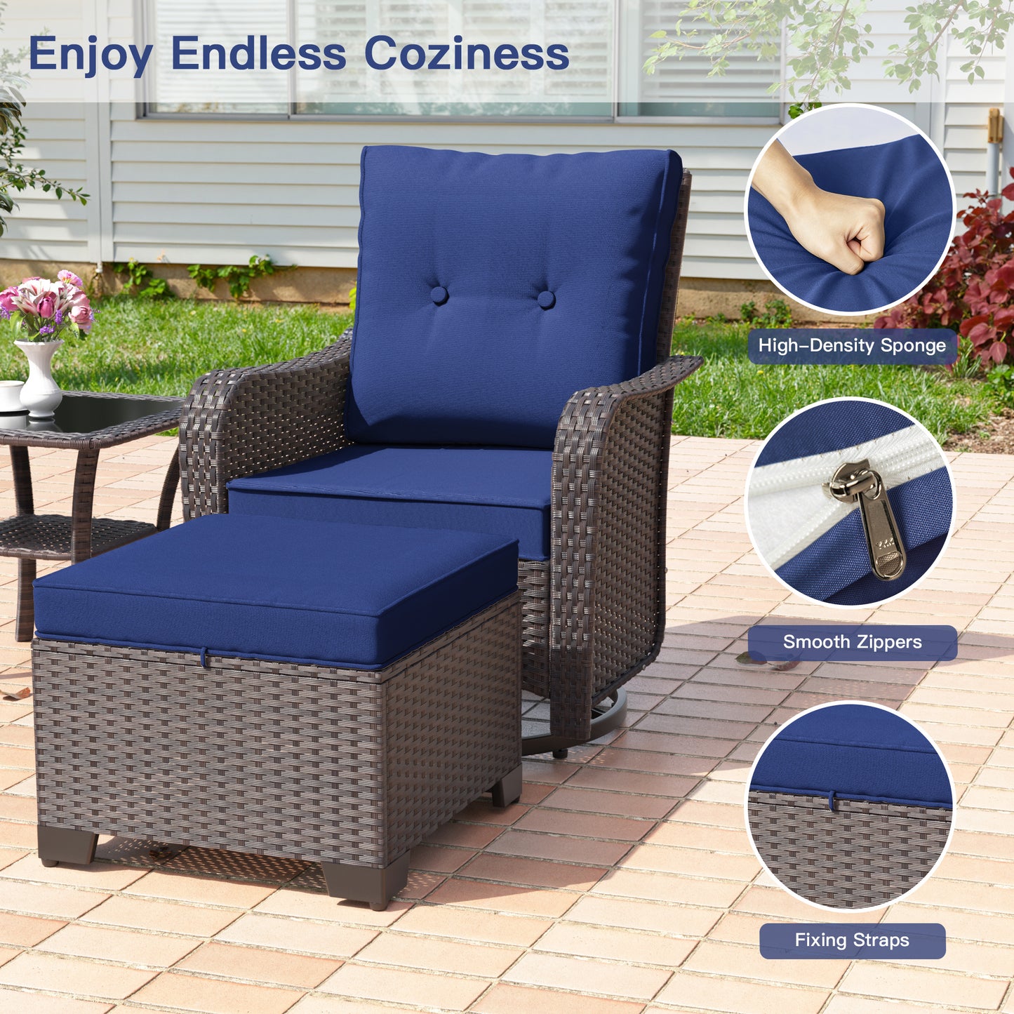 ALAULM 5 Pieces Patio Furniture Set with 4" Thick Cushions, 2 High Back Outdoor Swivel Rocker Chairs with 2 Ottoman & Side Table, 5-Piece All Weather Chairs Set for Porch Deck Pool Yard