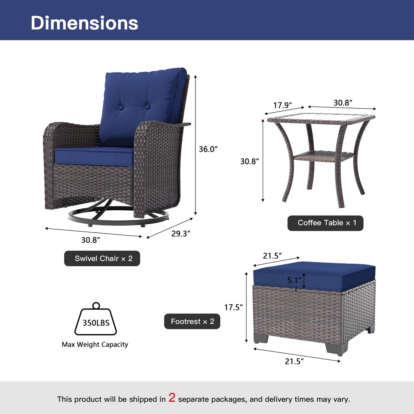 ALAULM 5 Pieces Patio Furniture Set with 4" Thick Cushions, 2 High Back Outdoor Swivel Rocker Chairs with 2 Ottoman & Side Table, 5-Piece All Weather Chairs Set for Porch Deck Pool Yard