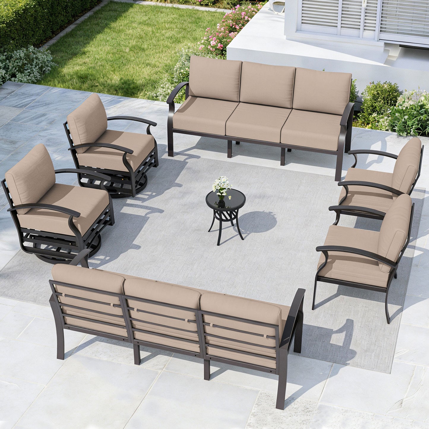 ALAULM 10-Seat Aluminum Patio Furniture Set, Outdoor Patio Conversation Set with 2 Swivel Glider Chairs and 5.1" Cushions for Patio Backyard Poolside