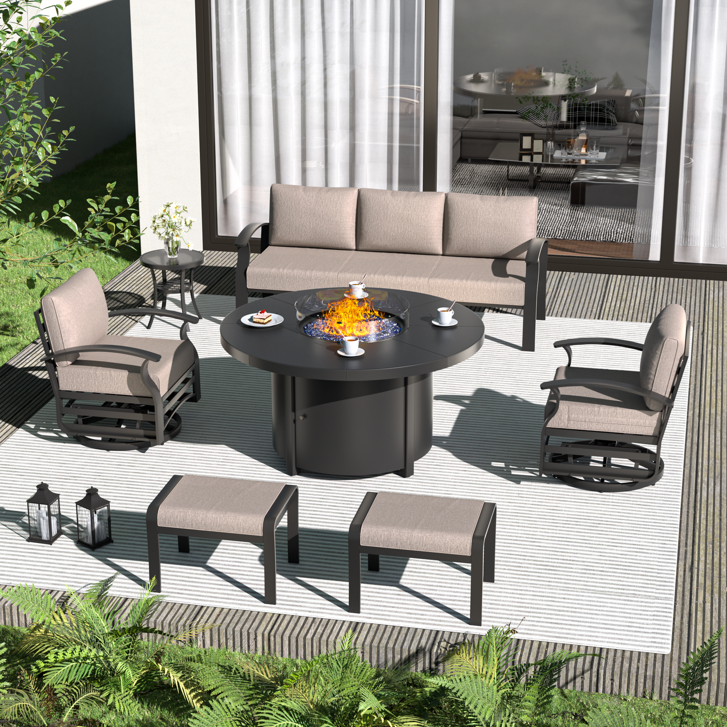 ALAULM Aluminium Patio Furniture Set with Swivel Chairs, 7-Seater Metal Outdoor Furniture Patio Sectional Sofas Patio Conversation Set with 2 Ottomans For Patio, Backyard, Poolside