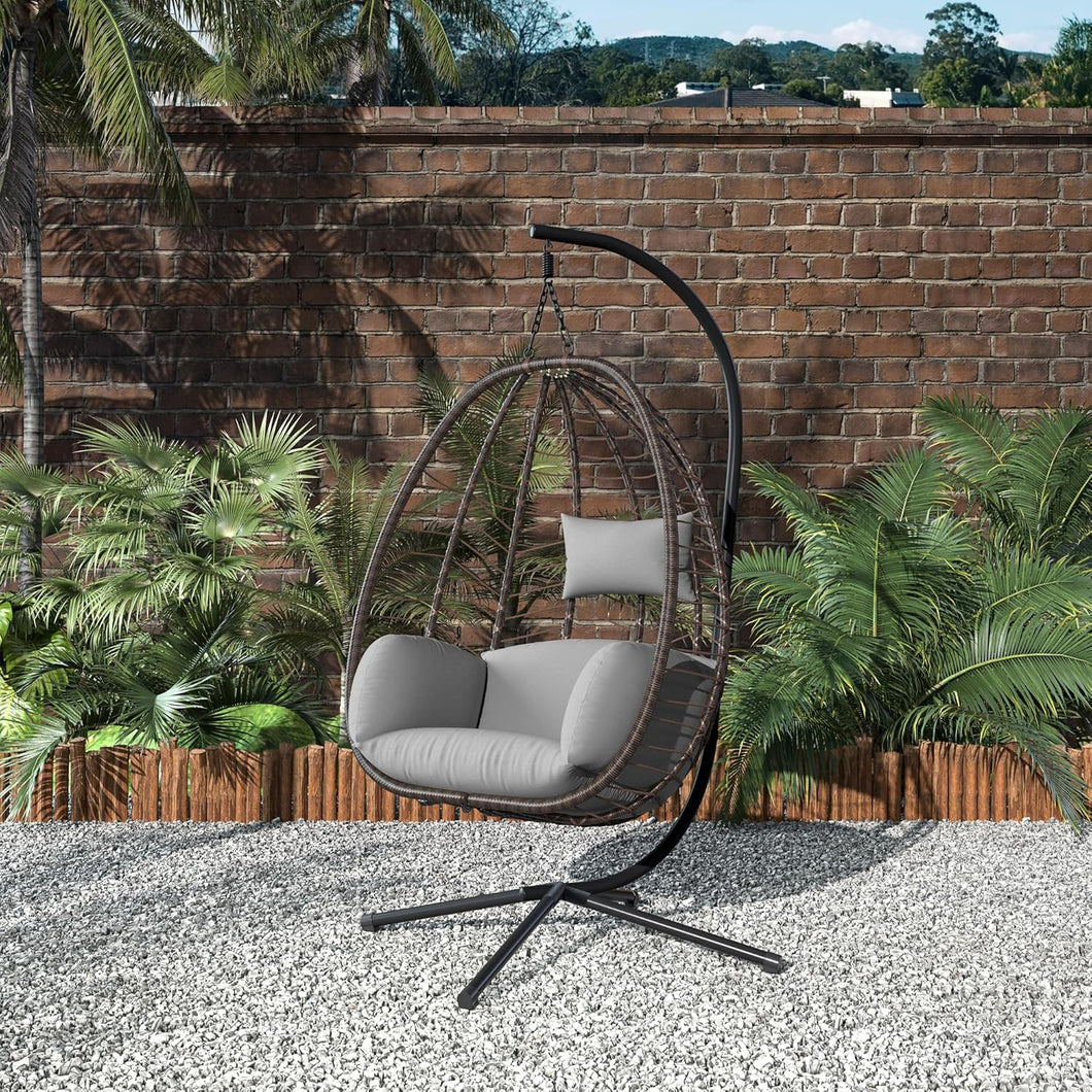 Outdoor Wicker Hanging Basket Chair Hammock in Grey Cushion with Stand