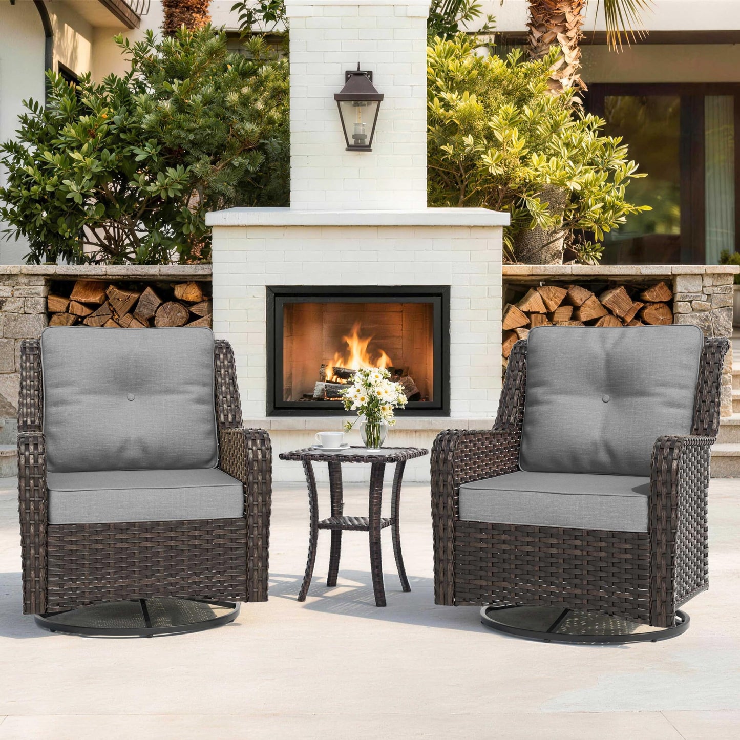 ALAULM 3-Piece Patio Furniture Set, Outdoor Thick Wicker High Back Sectional Sofa Couch with 2 Swivel Chairs, All-Weather Wicker Outdoor Conversation Set for Backyard, Porch, Deck