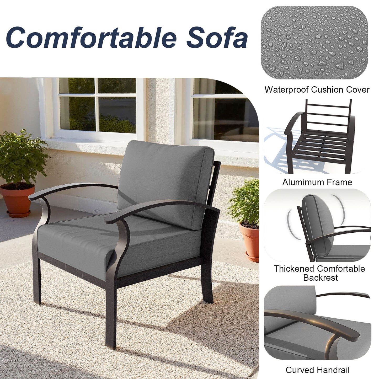 ALAULM Aluminum 5 Pieces Patio Furniture Set, 1 Three-Seater Sofa & 2 Single Sofas with 5.1" High-Resilience Cushions for Patio Backyard Poolside