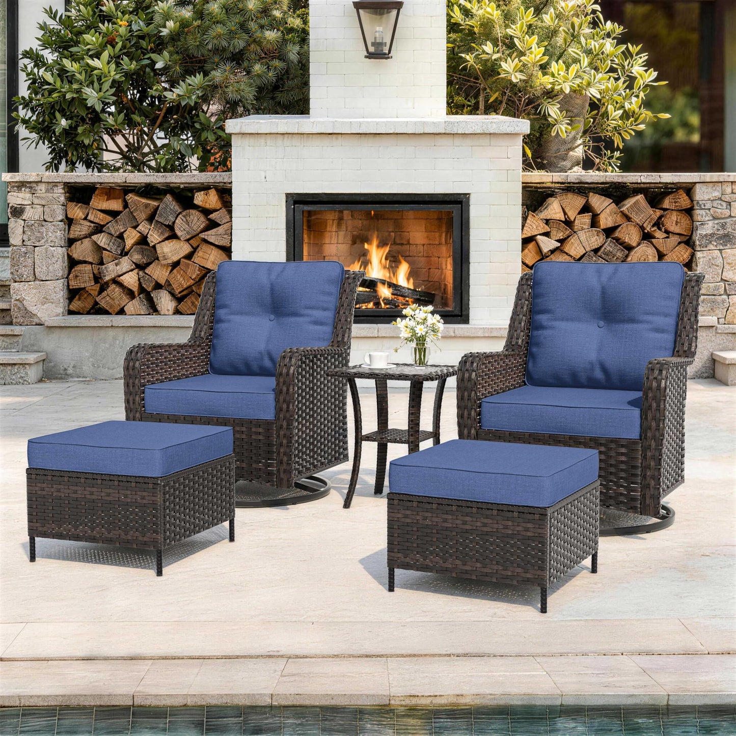 ALAULM 5-Piece Patio Furniture Set, Outdoor Thick Wicker Conversation Set with Swivel Chairs and Ottomans, High Back Wicker Sectional Sofa Couch for Backyard Porch Deck