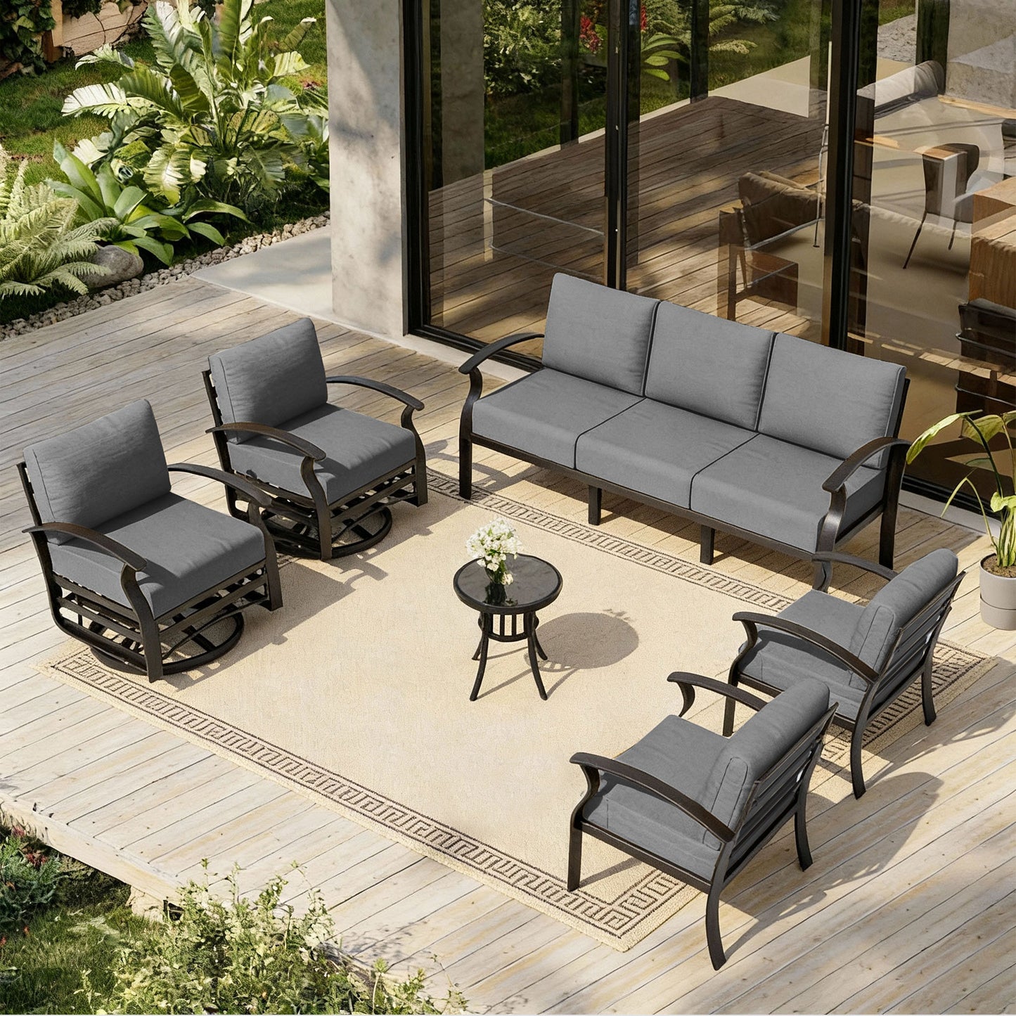 ALAULM 7-Seat Aluminum Patio Furniture Set, Outdoor Patio Conversation Set with 2 Swivel Glider Chairs and 5.1" Cushions for Patio Backyard Poolside