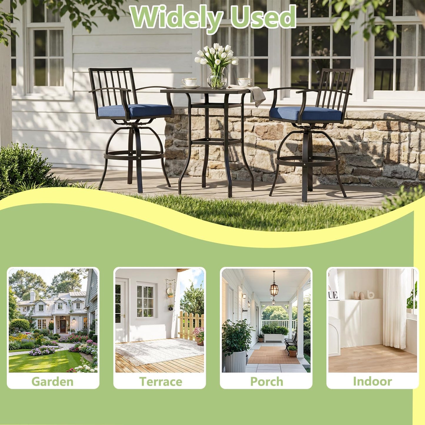ALAULM 5 Pieces Outdoor Swivel Bar Stools Set, All Weather Metal Patio High Top Bistro Set with 4 Cushioned Chairs and Table for Garden Deck Lawn