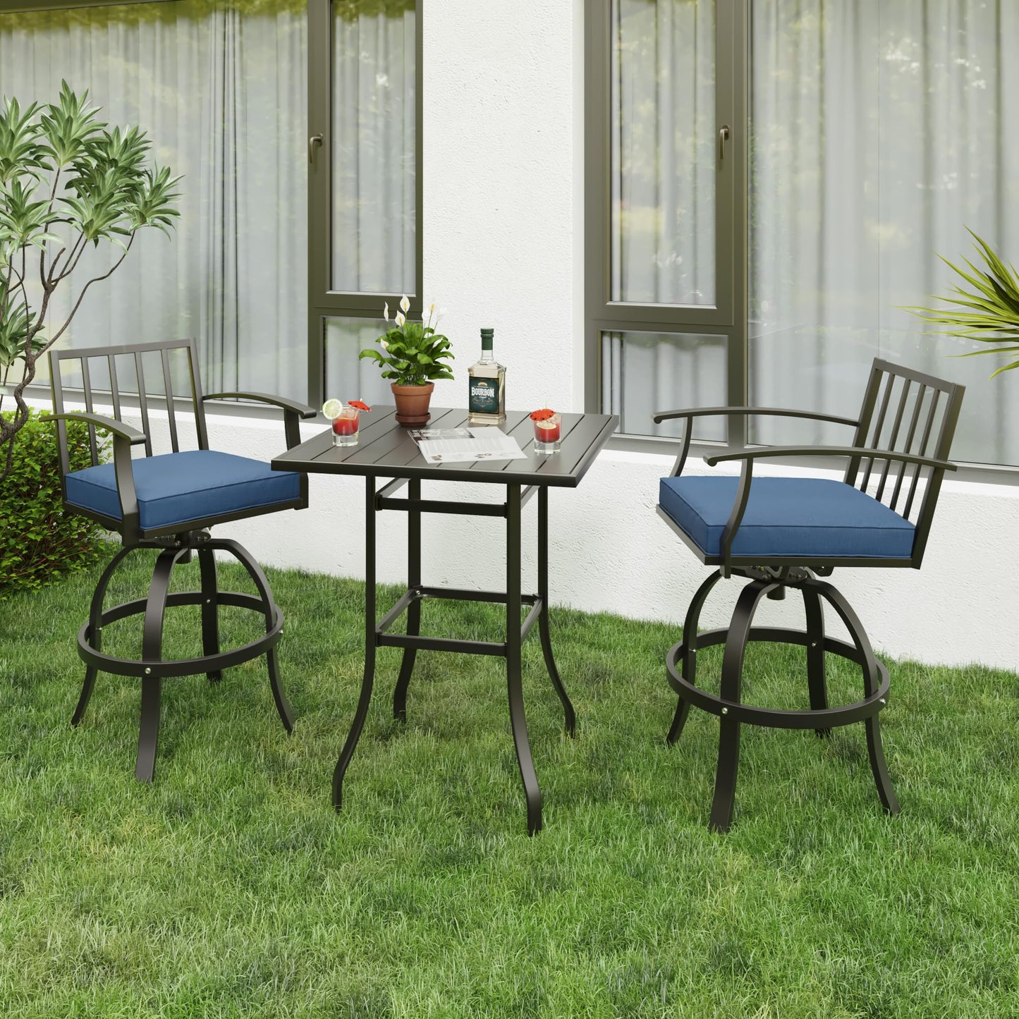 ALAULM 5 Pieces Outdoor Swivel Bar Stools Set, All Weather Metal Patio High Top Bistro Set with 4 Cushioned Chairs and Table for Garden Deck Lawn