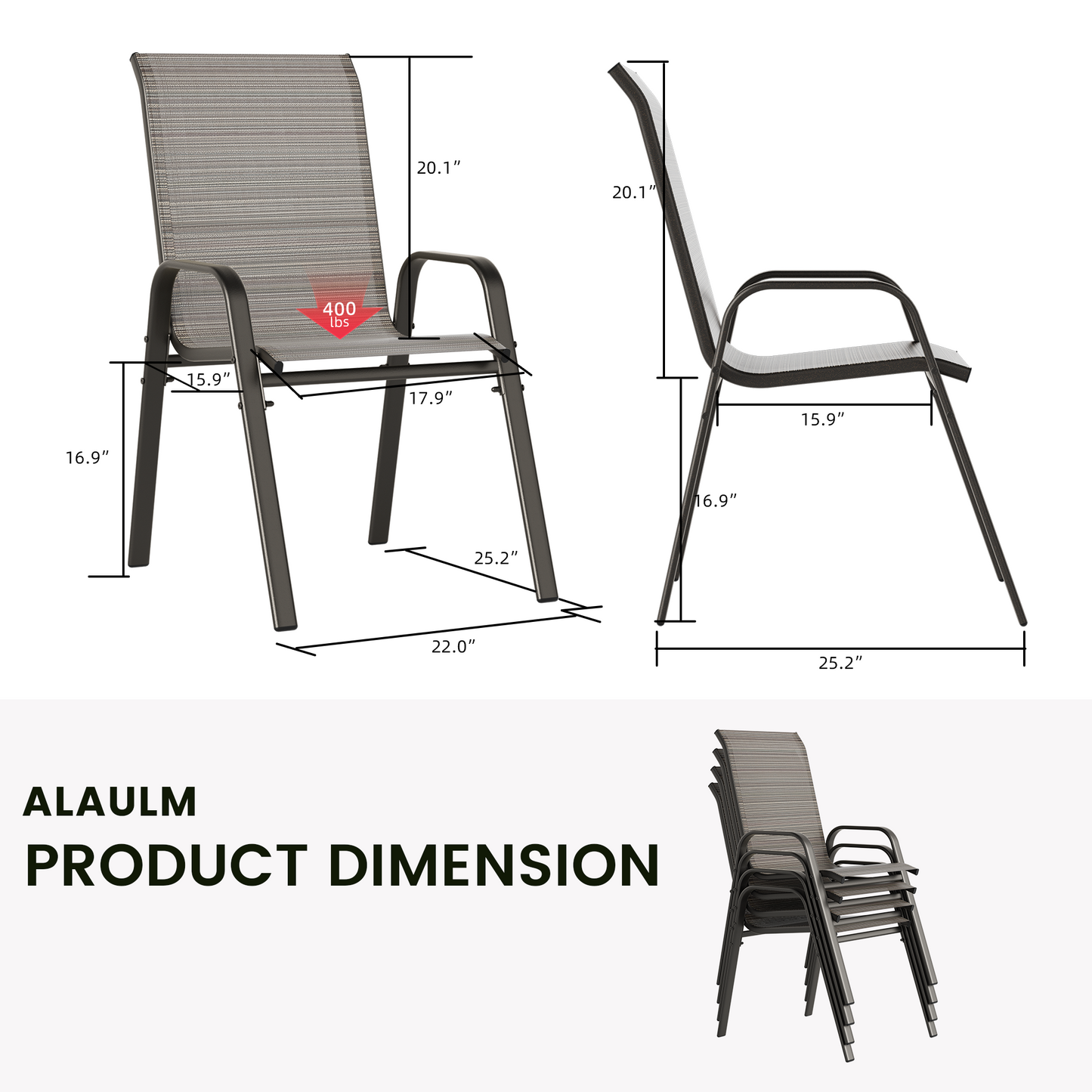 ALAULM 5 Pieces All Weather Patio Dining Set, 4 Stackable High Back Textilene Chairs with Metal Frame & DPC Coffee Table, Outdoor Furniture Set for Backyard Garden Deck, Brown
