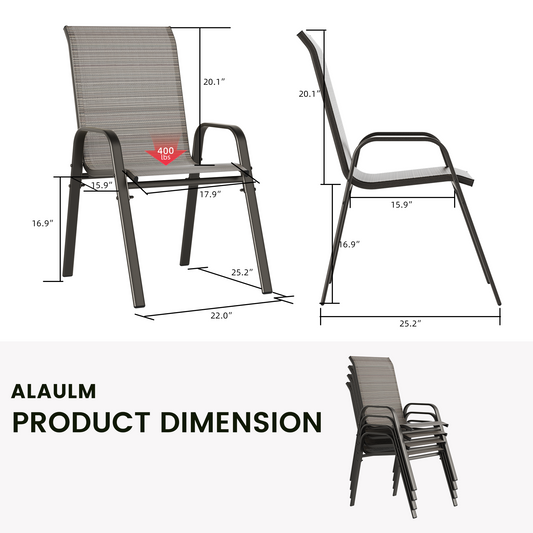 ALAULM 5 Pieces All Weather Patio Dining Set, 4 Stackable High Back Textilene Chairs with Metal Frame & DPC Coffee Table, Outdoor Furniture Set for Backyard Garden Deck, Brown