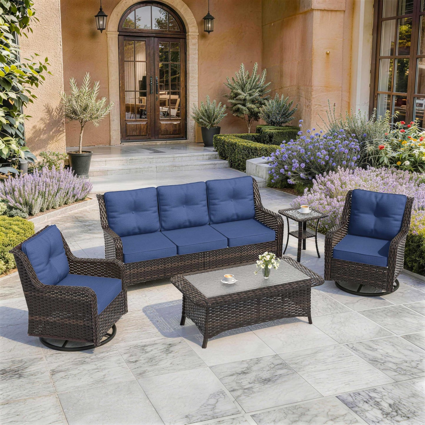 ALAULM 5-Piece Patio Furniture Set, Outdoor Thick Wicker High Back Sectional Set with 3-Seater Sofa, Swivel Chairs and Square Coffee Table for Yard Patio