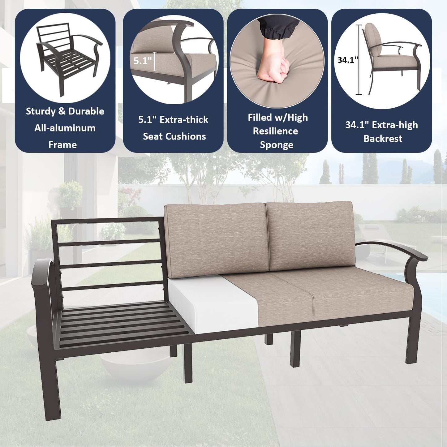ALAULM Aluminum 3-Seat Patio Furniture Set, Outdoor Patio Conversation Set with 5.1" Cushions for Patio Backyard Poolside