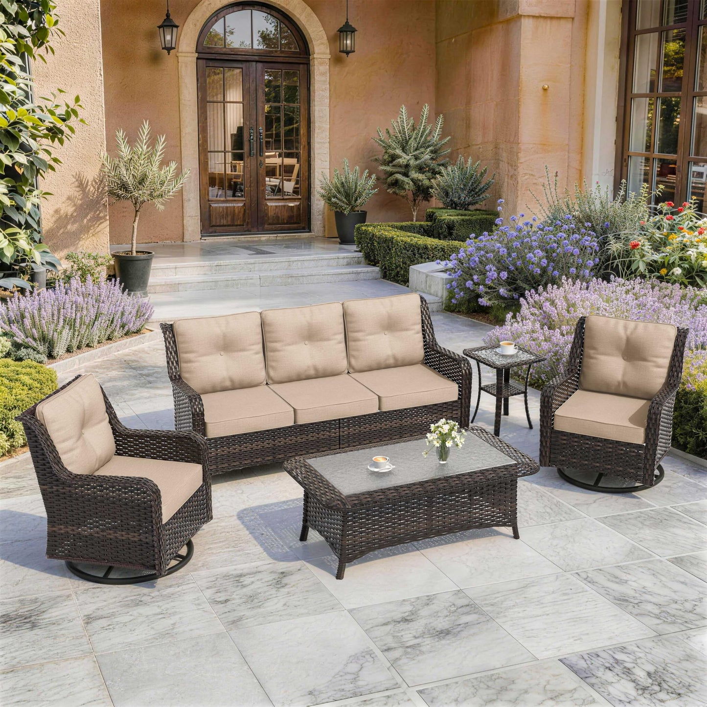 ALAULM 5-Piece Patio Furniture Set, Outdoor Thick Wicker High Back Sectional Set with 3-Seater Sofa, Swivel Chairs and Square Coffee Table for Yard Patio