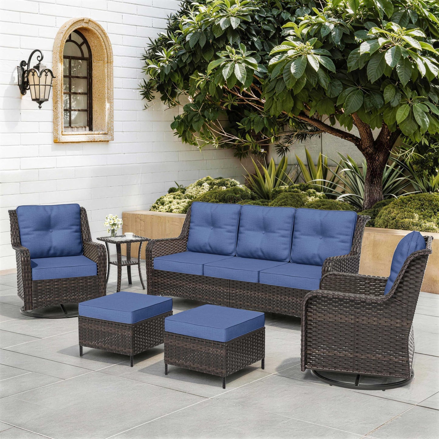 ALAULM 7-Piece Patio Furniture Set, Outdoor Thick Wicker High Back Conversation Set with 3-Seater Sofa, Swivel Chairs, Ottomans and Square Coffee Table for Yard Patio