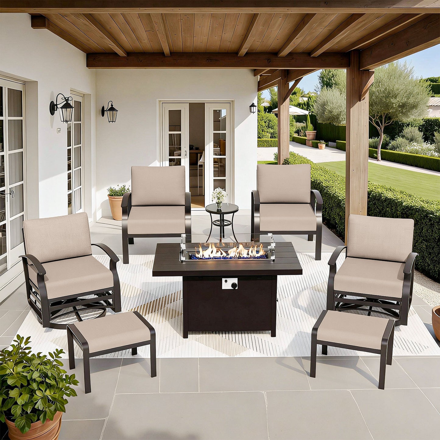 ALAULM 6-Seat Aluminum Patio Furniture Set, Outdoor Patio Conversation Set with Propane Fire Pit Table and 5.1" Cushions for Patio Backyard Poolside, Sand