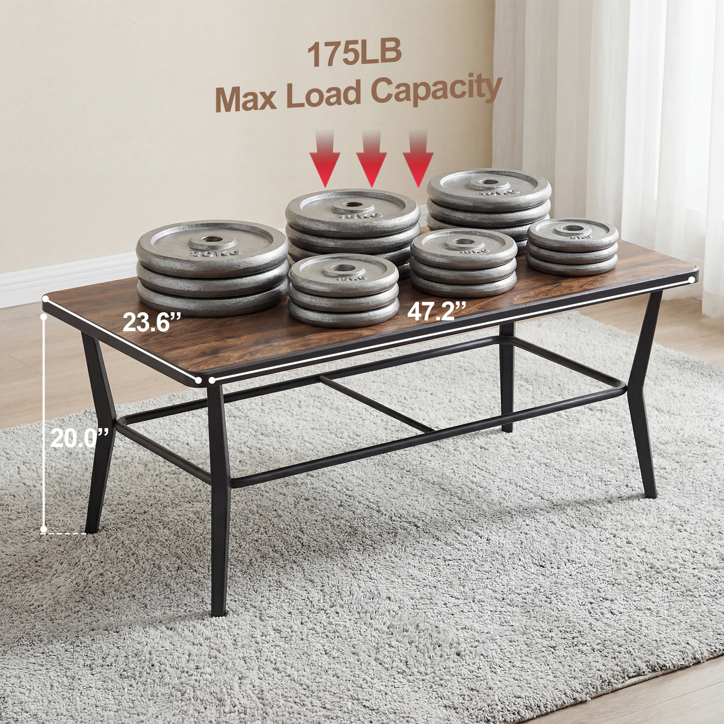 ALAULM Outdoor Coffee Table, 47" Rectangle Metal Patio Coffee Table with DPC Stone-Plastic Top, All-Weather Coffee Table for Patio, Garden, Balcony, Poolside